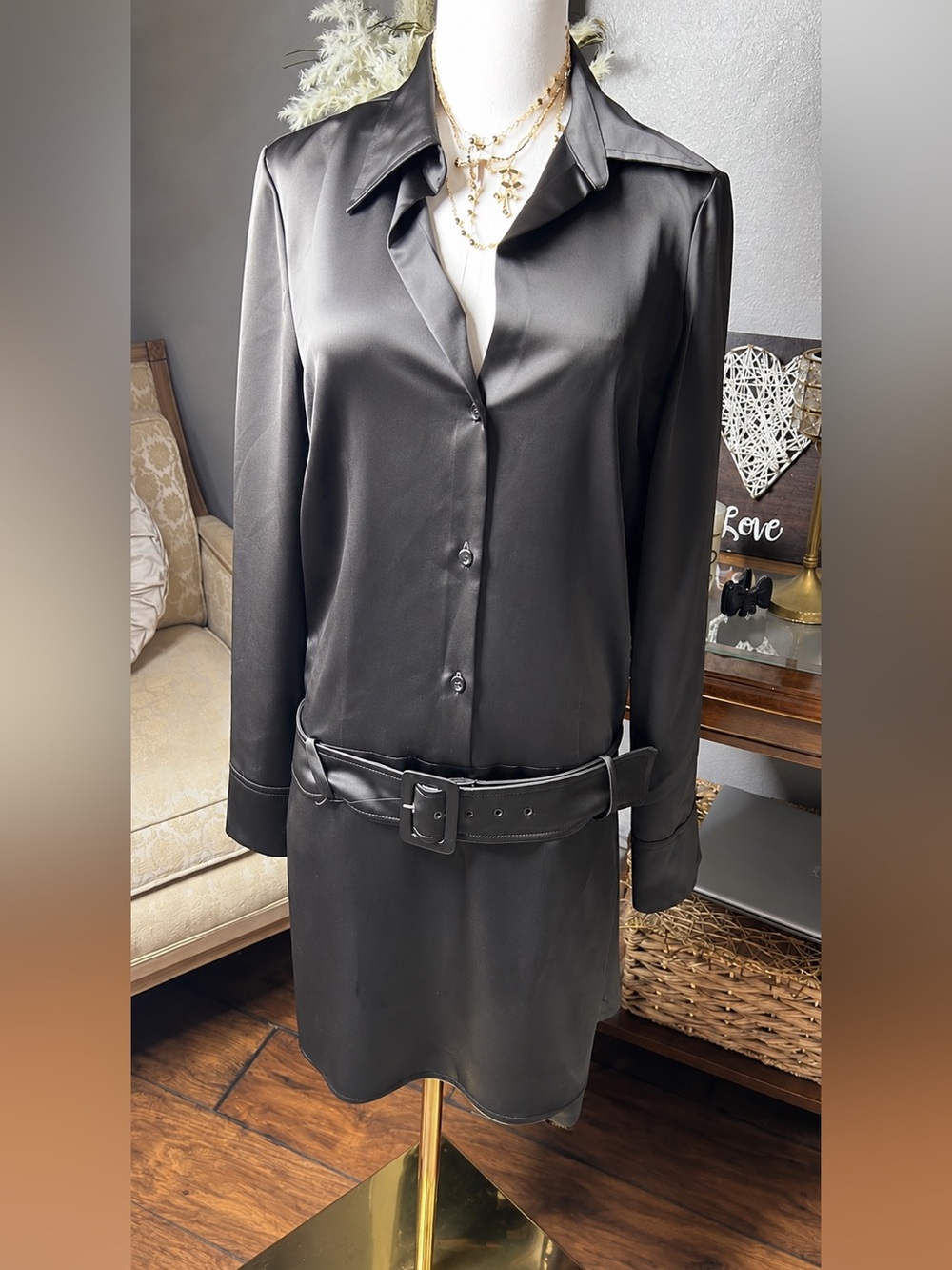 NWT Mango Kate Satin Belted Mini Shirt Dress